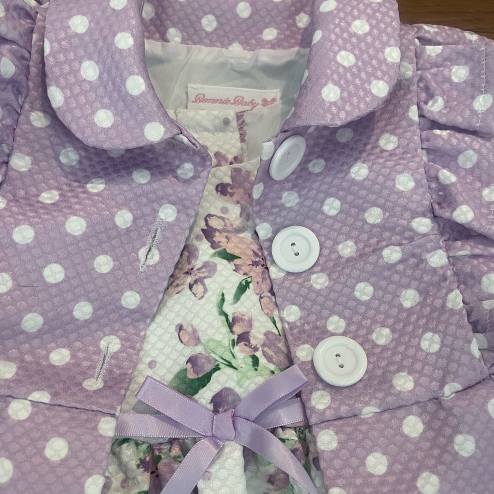Bonnie Baby Lavender Polka Dot Kids Coat and Matching Floral Dress - Picture 2 of 9